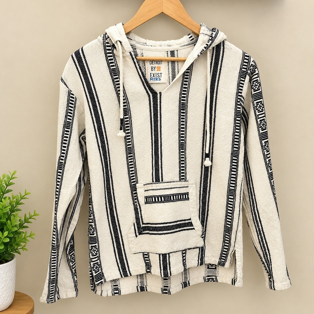 Beach by Exist Baja Hoodie Womens Medium Cream Navy Blue Striped Cotton Pullover